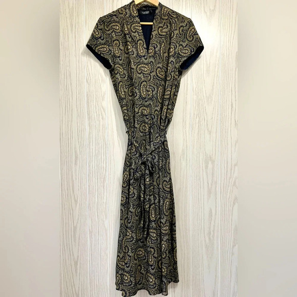 Lauren RALPH LAUREN Womens 14 NAVY Gold Paisley DRESS - Picture 1 of 4